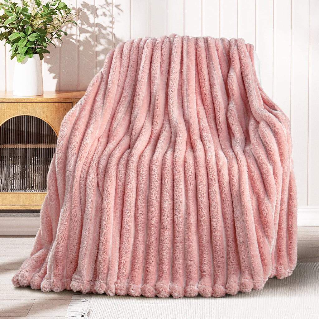 Reversible Sherpa Fleece Throw Blanket for Couch, Super Soft 3D Striped Jacquard Blanket, Lightweight Fuzzy Cozy Blankets, Pink, 50"x60" - Luxury Knitted Decorative Throw Blanket with Fringes Detail