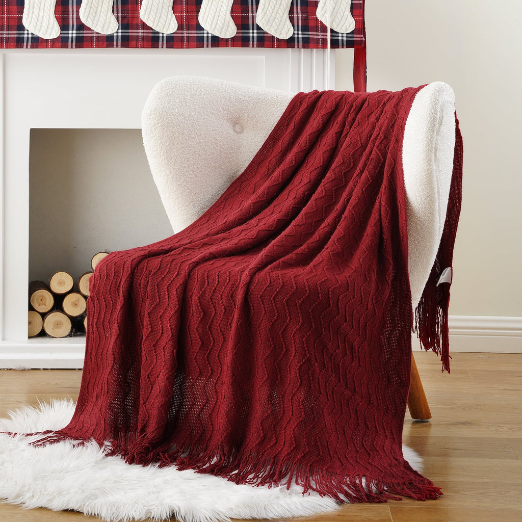 Cozy Fleece Dark Red Blanket for Couch,Burgundy Knit Throw Blanket for Bedroom,Christmas Throw,50"x60" - Luxury Knitted Decorative Throw Blanket with Fringes Detail
