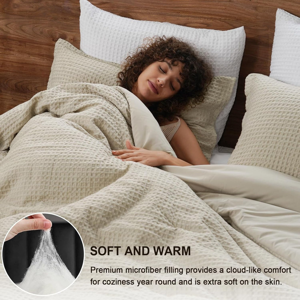 Heavyweight Warmth 3-Piece Waffle Weave Comforter Set Queen Size, Lightweight Comfy Bedding Set for All Season, Ultra Soft Textured 1 Co... - Luxurious Quilted Duvet Cover Set Detail