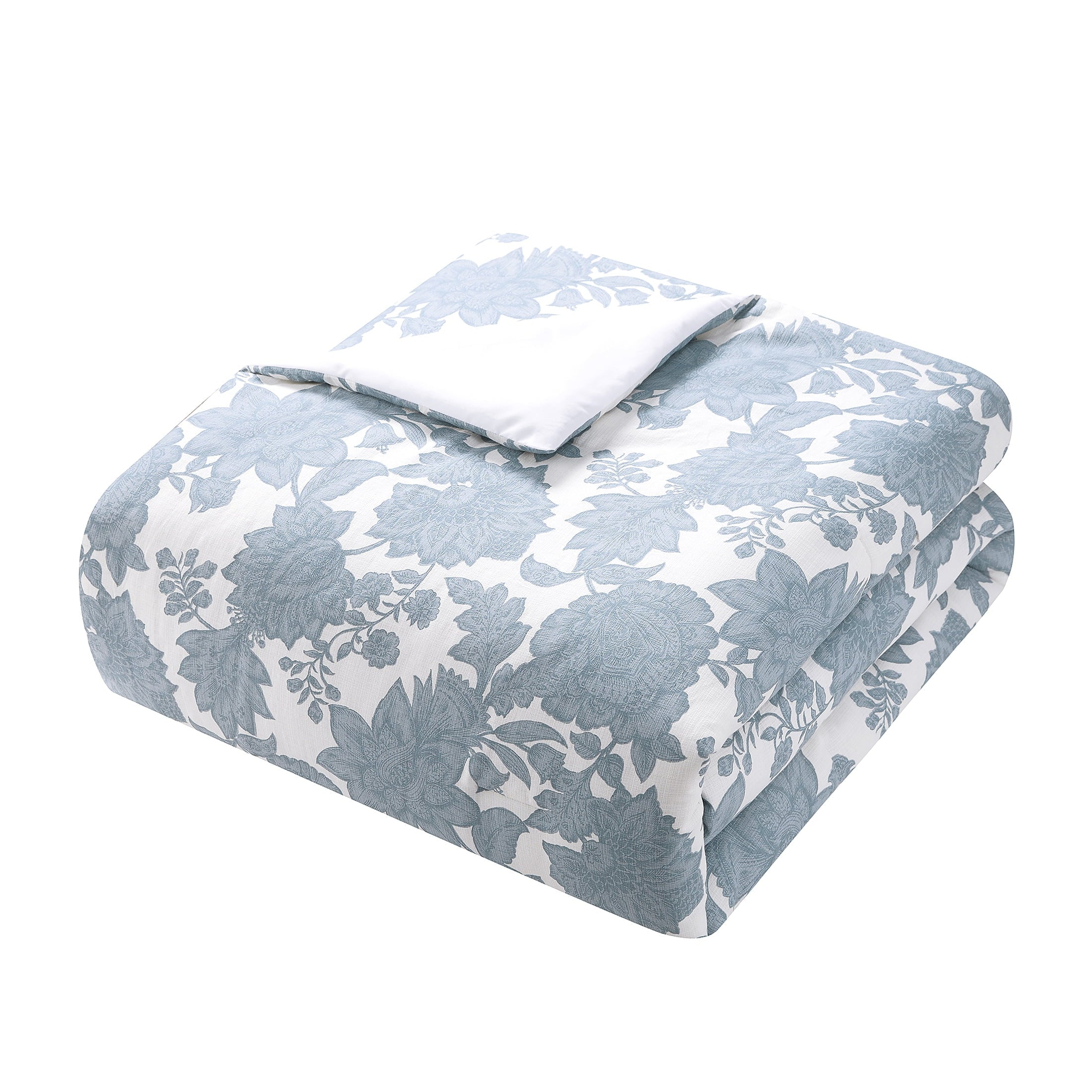 All-Season Veronica 3-Piece Blue Floral Cotton Slub Comforter Set, King - Luxurious Quilted Duvet Cover Set Detail