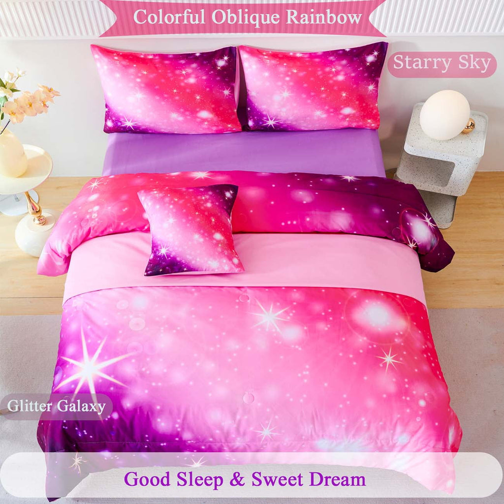 Luxurious Quilted 4Pcs Rainbow Twin Size Comforter Set for Girls, Pink Purple Gradient Glitter Kids Bedding Sets, Soft Galaxy Girls Bed... - Hypoallergenic Ultra-Fluffy Quilt for Winter Detail