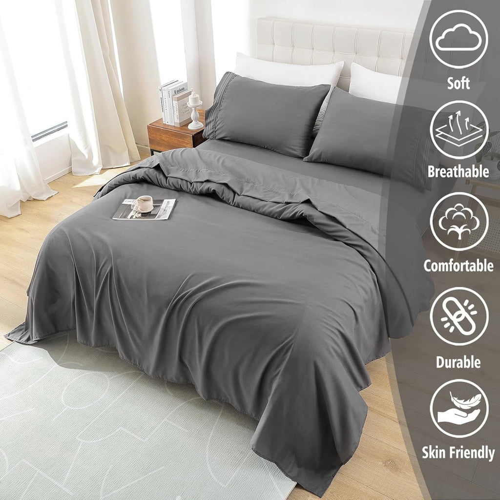 Breathable Luxury 4 Piece Bed Sheet Set, Queen Size Upgraded Cooling Deep Pocket Comfy Breathable Hotel Luxury Bedding, Extra Soft Wrin... - Breathable Egyptian Cotton Flat & Fitted Sheets Detail
