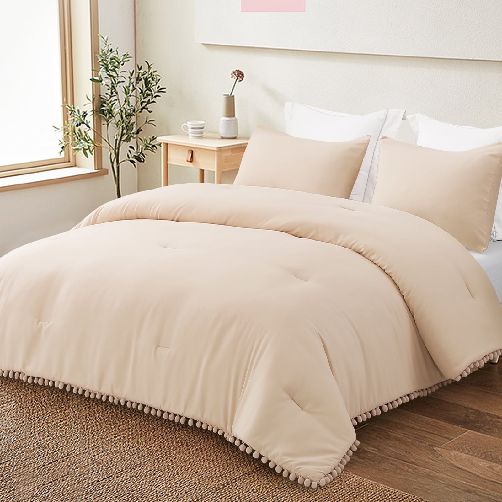 Hypoallergenic Cloud Boho Pom Pom Ball Fringe King Size Comforter Set, 3 Pieces Beige Lightweight Down Alternative Bedding Comforter Sets ... - All-Season Down Alternative Comforter Insert Detail