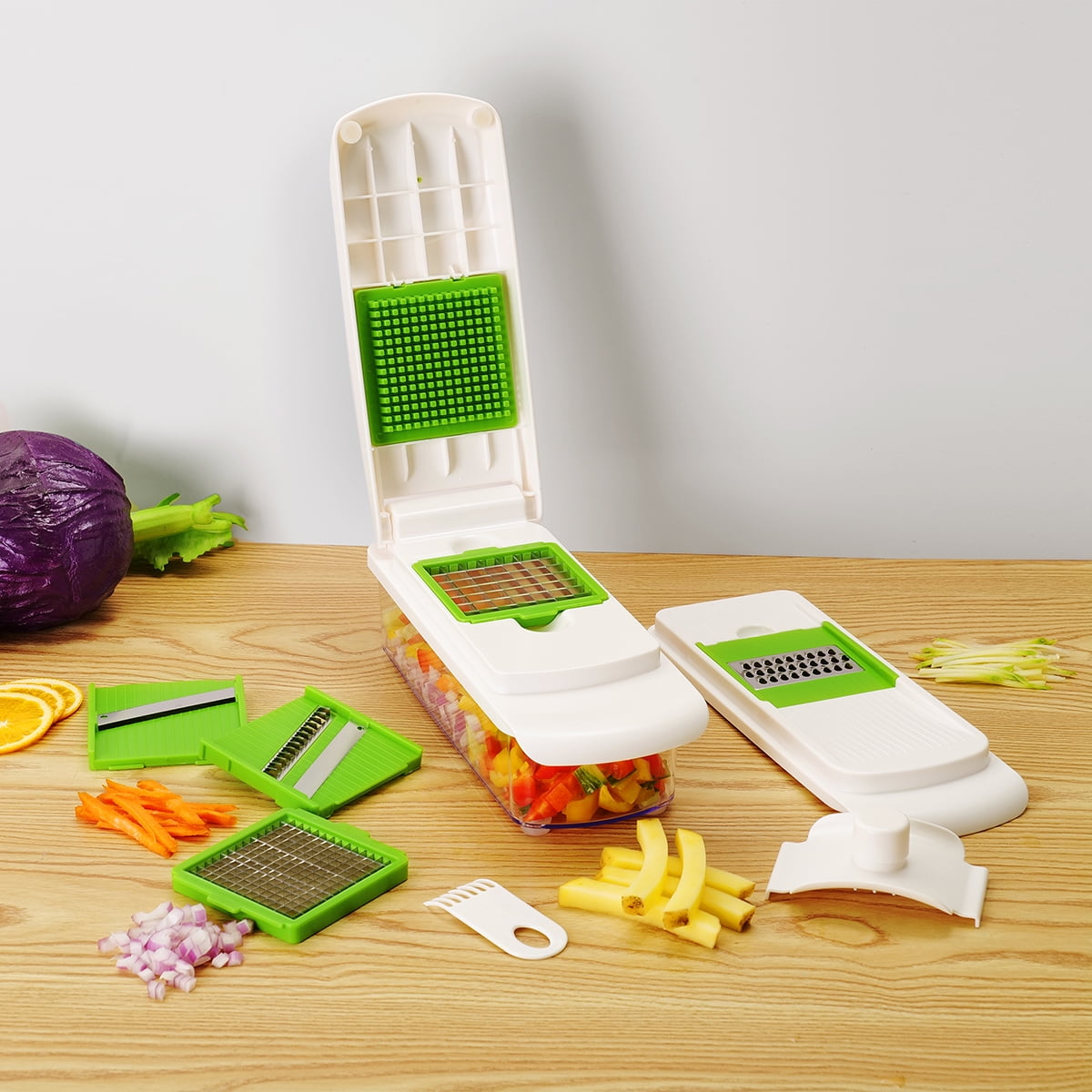 Ergonomic Manual 11 Pieces Multi-Function Nice Dicer and Mandoline, Stainless Steel, Green Glaze, 820g - Kitchen Gadget Tool for Quick Food Prep Detail