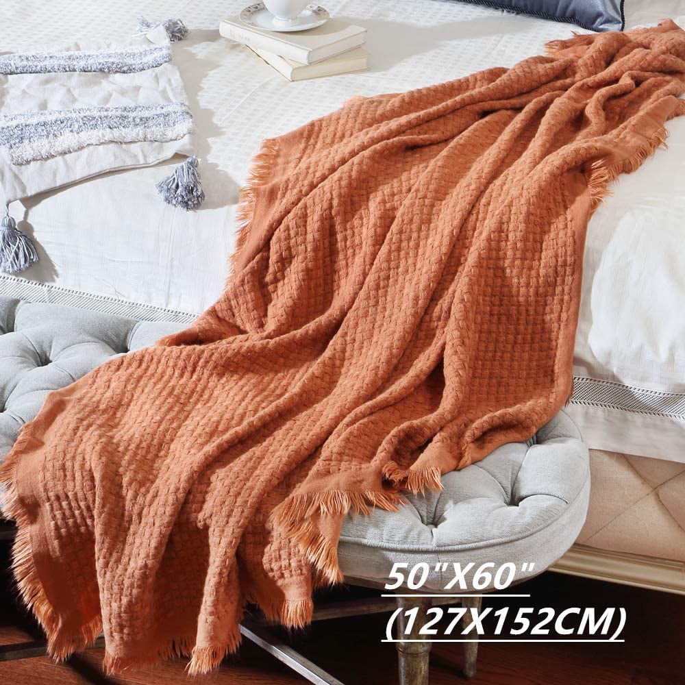 Reversible Sherpa Farmhouse Rust Knit Throw Blanket for Couch Sofa Chair Bed Home Decoration, Soft Warm Cozy Light Weight for Spring Su... - Luxury Knitted Decorative Throw Blanket with Fringes Detail