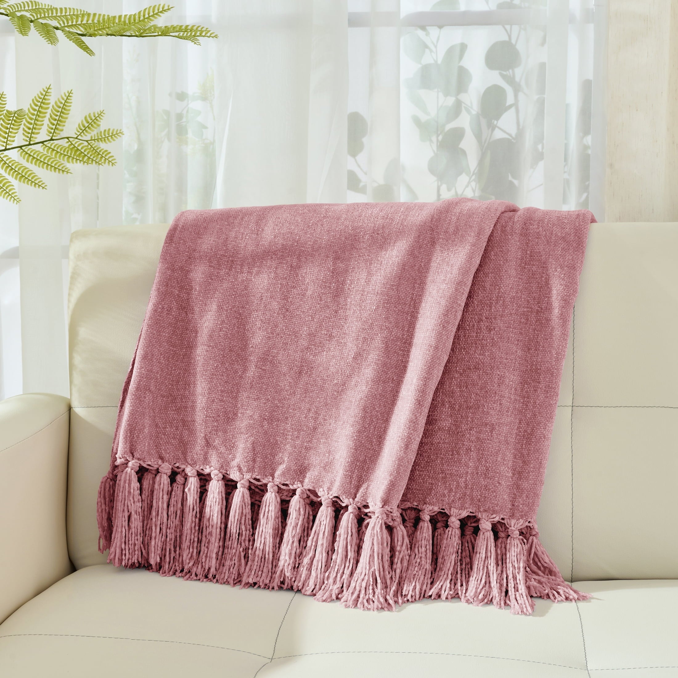 Lightweight Warm Chenille Throw Blanket with Fringe Tassel for Couch Sofa Chair Bed, Mauve 50" X 70" - Lightweight Plush Warm Blanket for All Seasons Detail