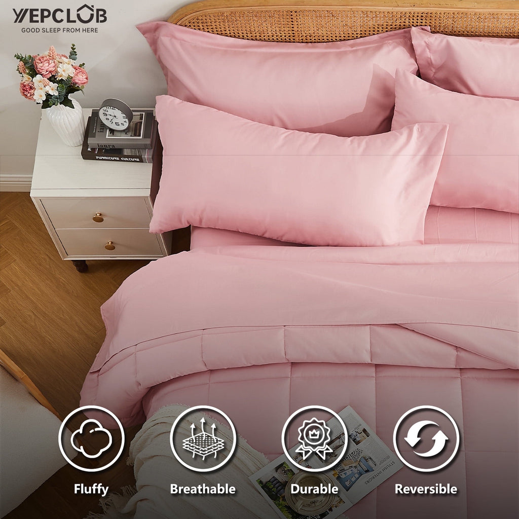 Heavyweight Warmth 7-Piece Queen Size Comforter Set,Pink Reversible Bed in a Bag,All Season Solid Bedding Set with Sheets,Pillowcases & ... - Luxurious Quilted Duvet Cover Set Detail