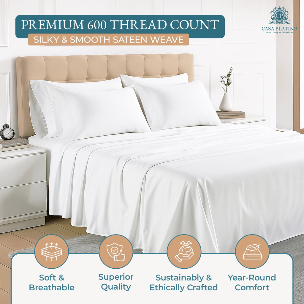 Ultra-Soft Bed Sheets Set – 6 Piece, 600 Thread Count, 100% Cotton Sheets, Hotel Luxury Sateen Finish, 15" Deep Pocket, Easy to ... - Premium Ultra-Soft Pillowcase Pair for Sleeping Detail
