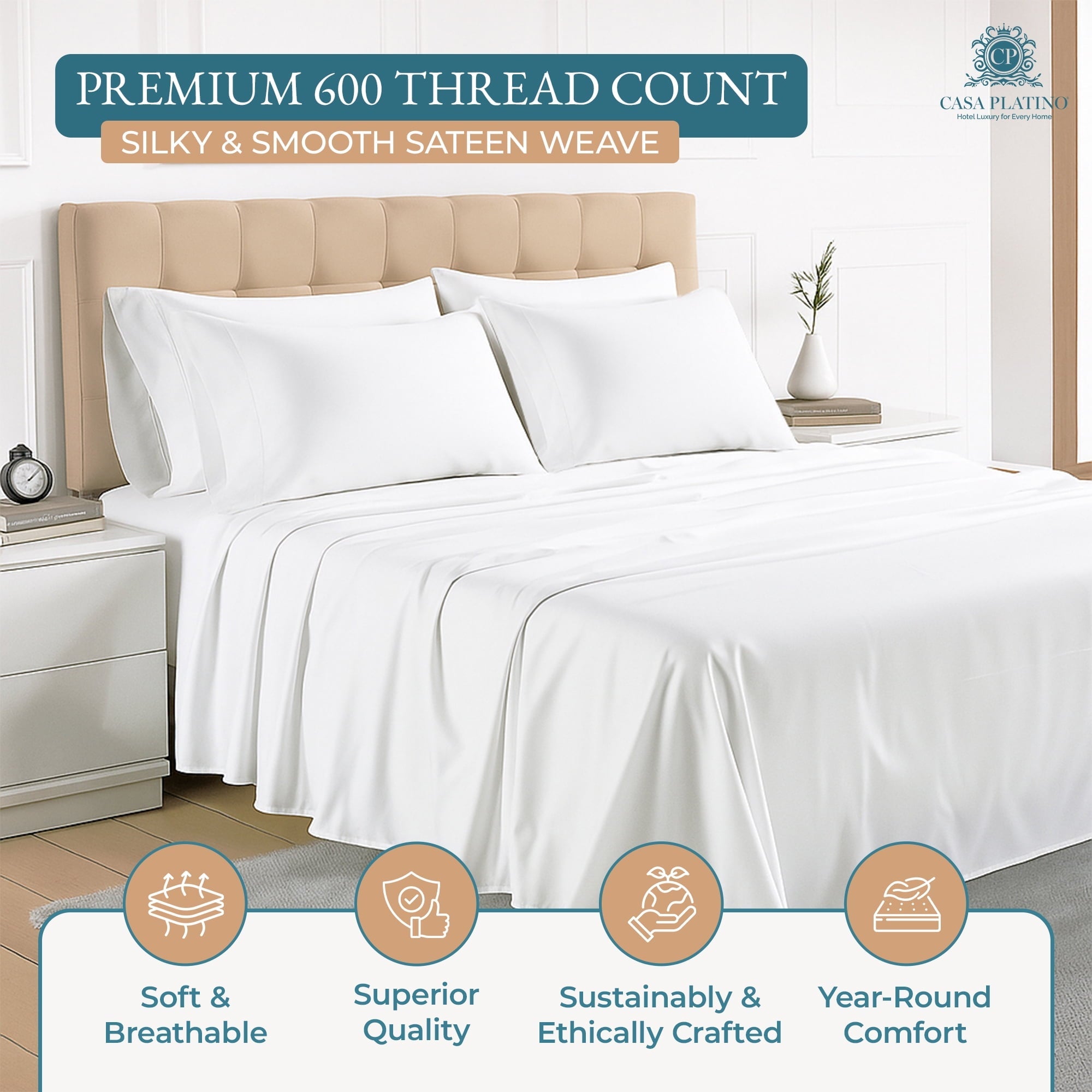 Ultra-Soft Bed Sheets Set – 6 Piece, 600 Thread Count, 100% Cotton Sheets, Hotel Luxury Sateen Finish, 15" Deep Pocket, Easy to ... - Premium Ultra-Soft Pillowcase Pair for Sleeping Detail