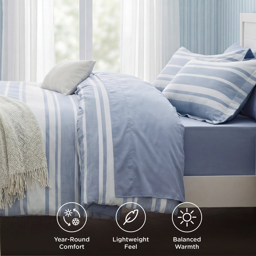 Luxurious Quilted Queen Comforter Set Blue, Bed in a Bag Queen Size Bedding 7-Pieces, Striped Bedding Set for All Seasons - Hypoallergenic Ultra-Fluffy Quilt for Winter Detail
