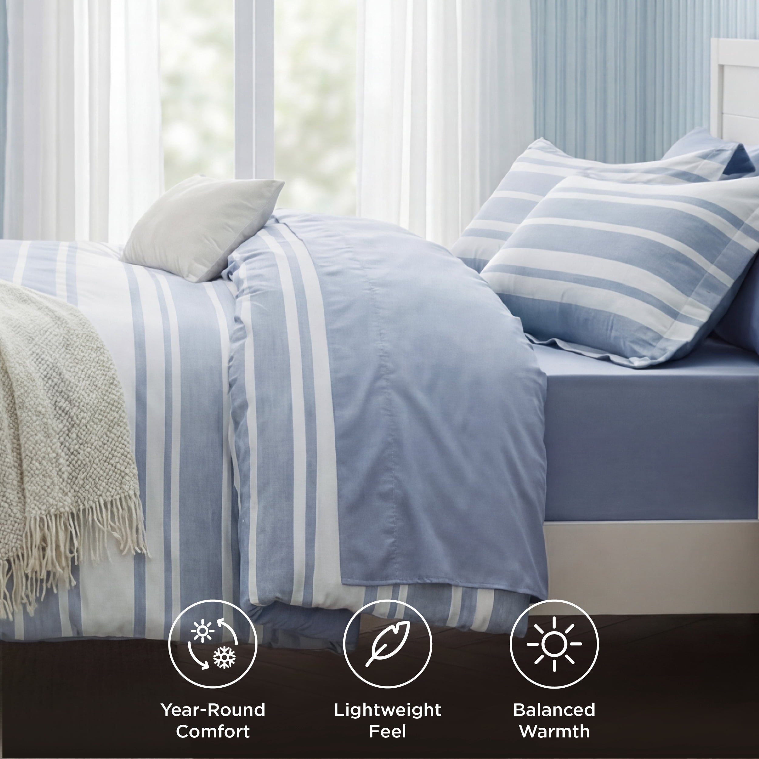 Luxurious Quilted Queen Comforter Set Blue, Bed in a Bag Queen Size Bedding 7-Pieces, Striped Bedding Set for All Seasons - Hypoallergenic Ultra-Fluffy Quilt for Winter Detail