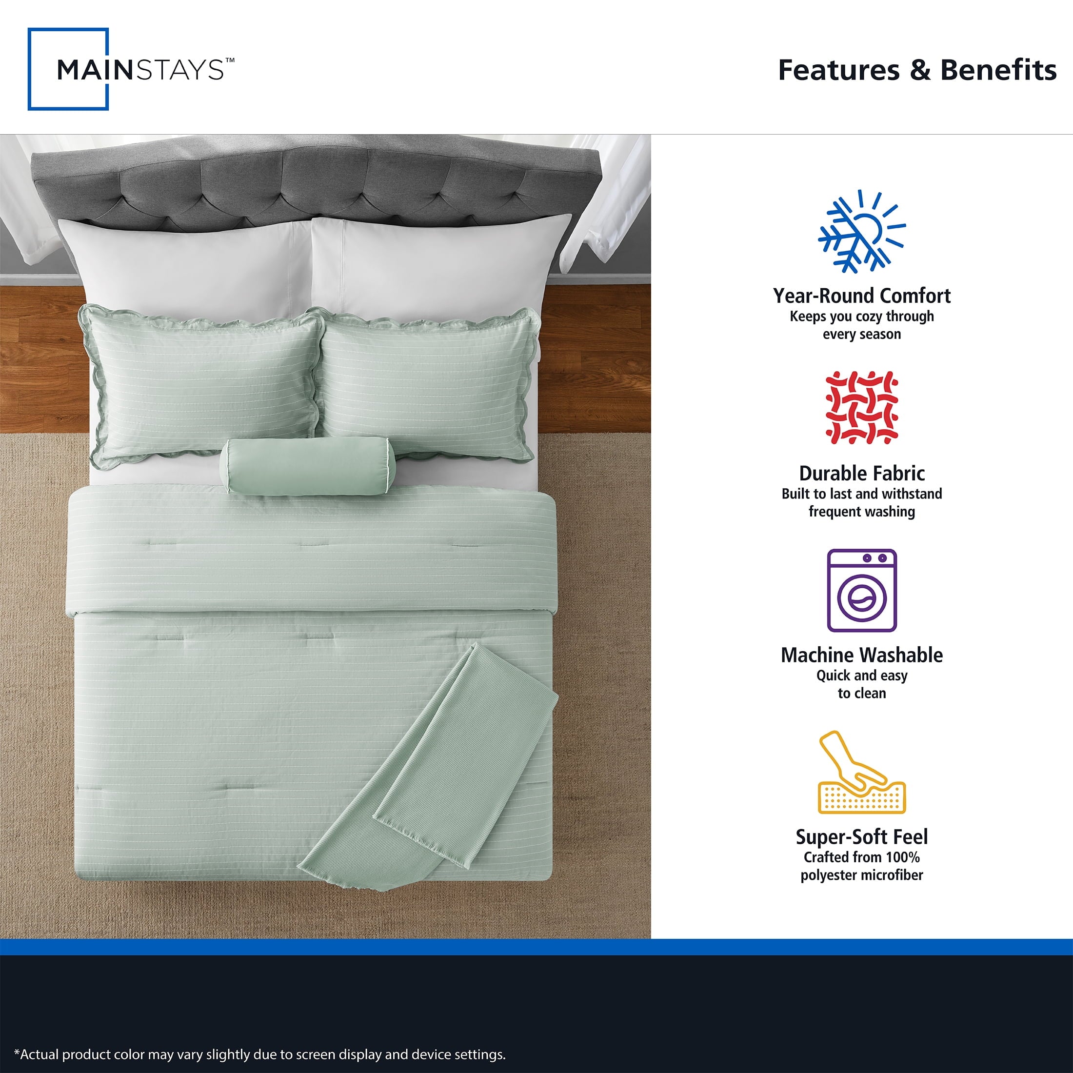 Heavyweight Warmth Full/Queen Comforter Set, All-Season, 5-Piece, Sage Pick Stitch Scallop - Luxurious Quilted Duvet Cover Set Detail