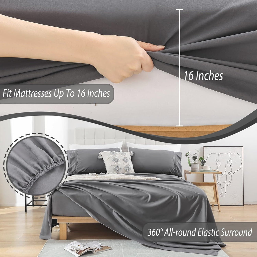 Wrinkle-Resistant Size, Microfiber Cooling , Breathable & Hypoallergenic 4 Pieces Luxury Soft Sheet Set, Mattress Fitted up... - Premium Ultra-Soft Pillowcase Pair for Sleeping Detail