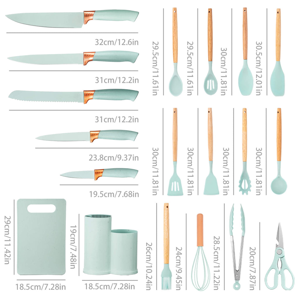 Ergonomic Cooking 19pcs Silicone Kitchen Utensil Set, Heat-Resistant Non-Stick Easy Cooking Cleaning Home Light-Green - Ergonomic Kitchen Tongs and Cooking Spoon Utensil Detail