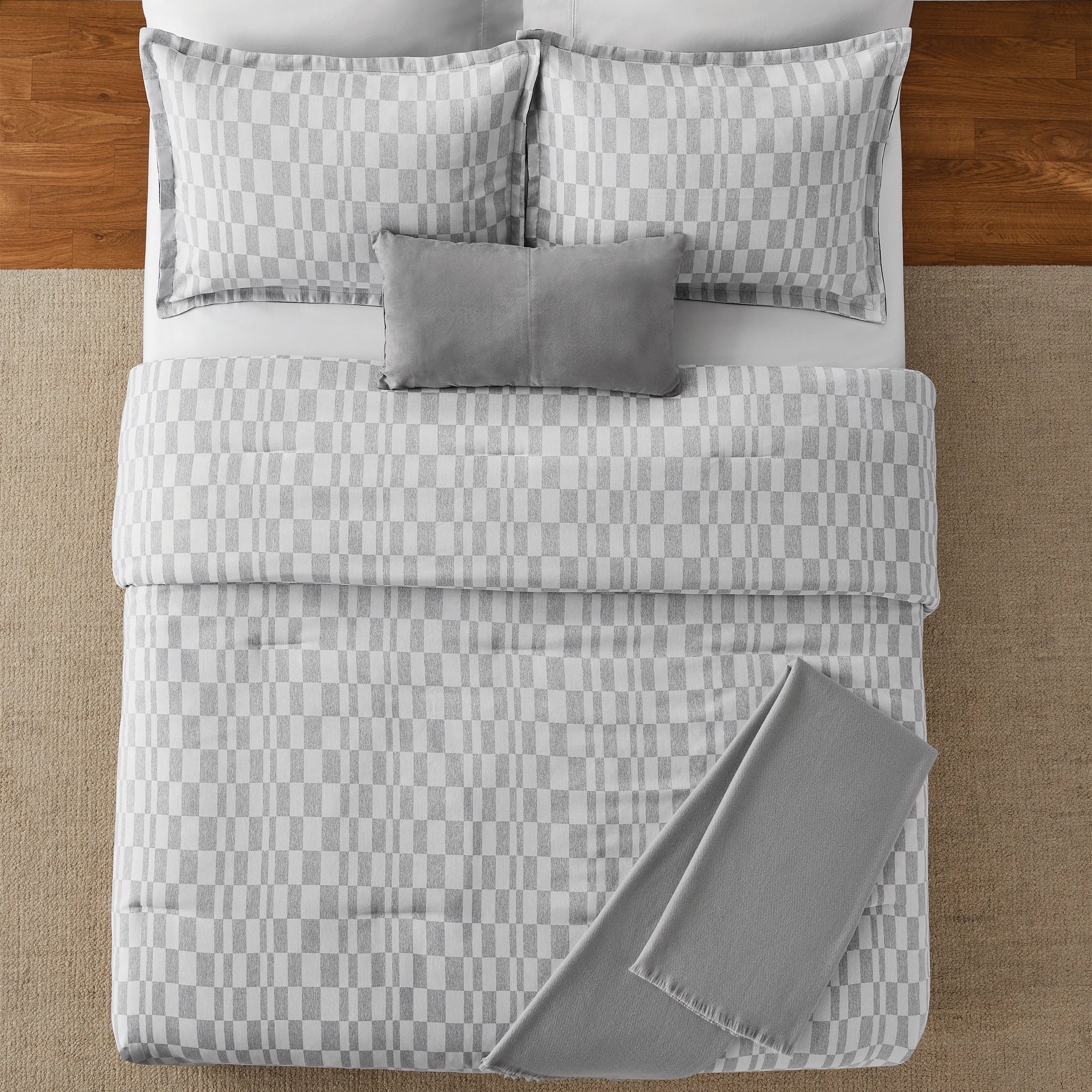 All-Season Full/Queen Comforter Set, All-Season, 5-Piece, Soft Silver Check - Cloud-Like Soft Lightweight Bed Comforter Detail