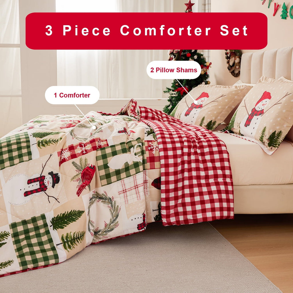 Fluffy Down Alternative 3 Pcs Christmas Comforter Set, Bed in a Bag Wreath Snowman Queen/Full Size Xmas Bedding Set Fitted Pillowcases for Adult - Cloud-Like Soft Lightweight Bed Comforter Detail