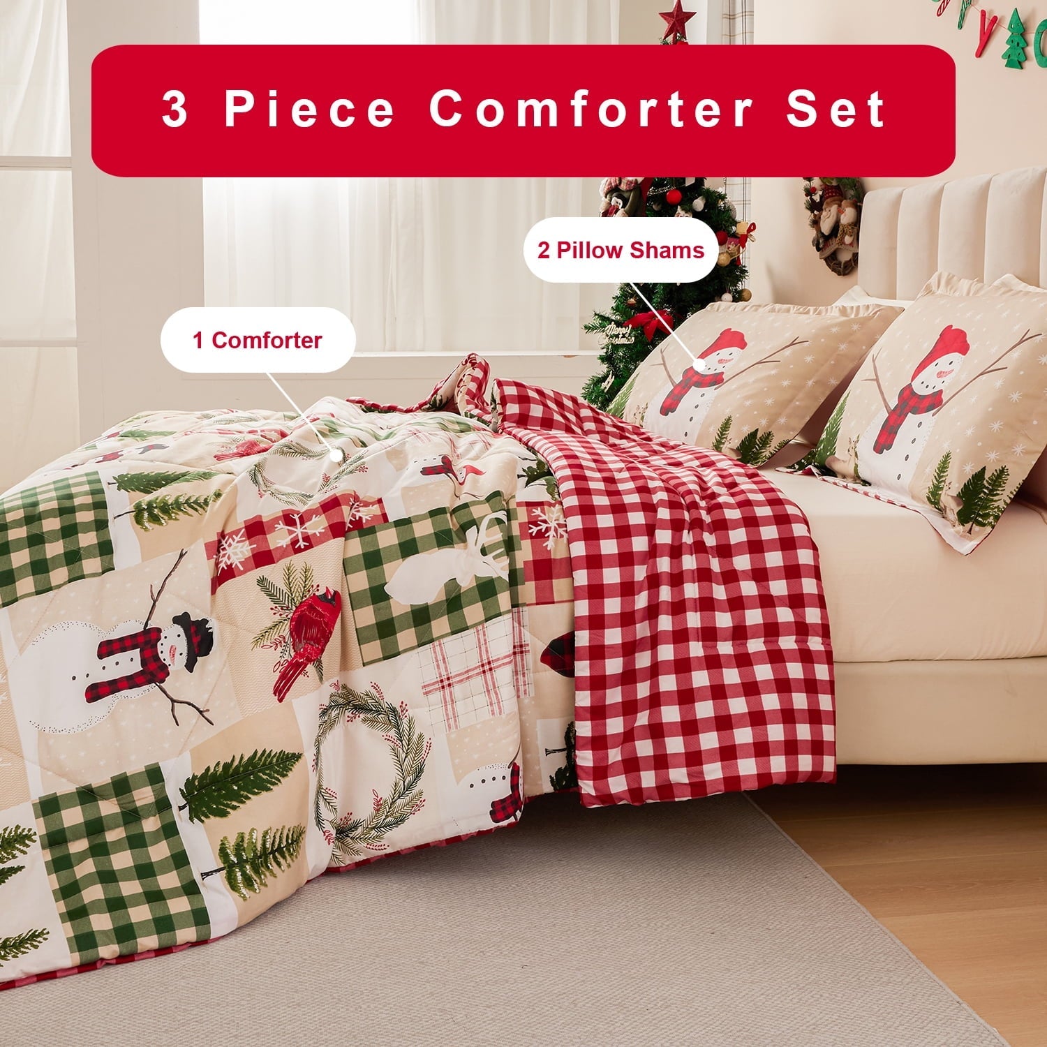 Fluffy Down Alternative 3 Pcs Christmas Comforter Set, Bed in a Bag Wreath Snowman Queen/Full Size Xmas Bedding Set Fitted Pillowcases for Adult - Cloud-Like Soft Lightweight Bed Comforter Detail