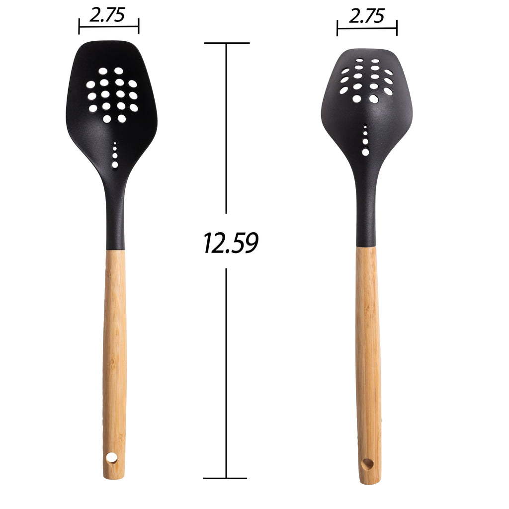 Durable Steel Cooking Spoon with Bamboo Handle, 12.6"2.7", & Bamboo, Black - Professional Kitchen Tool for Culinary Enthusiasts Detail