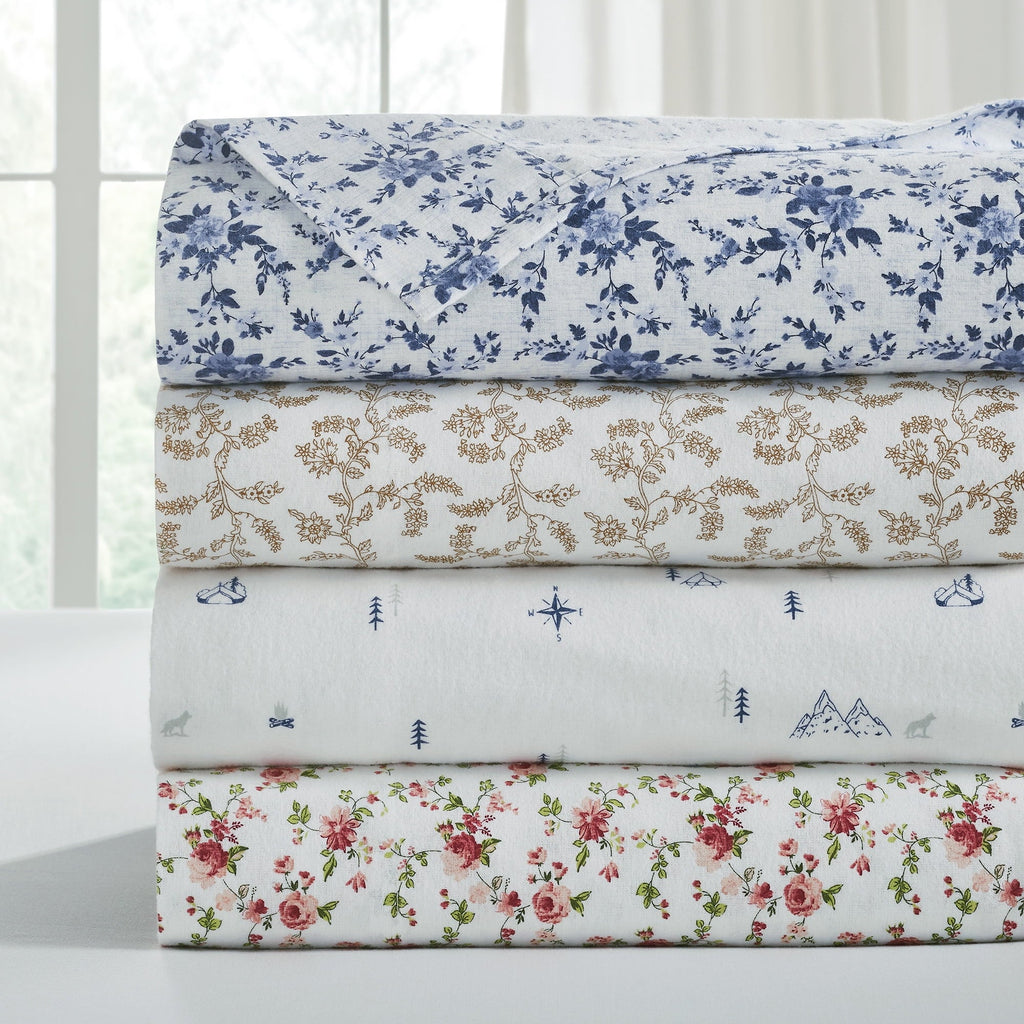 Wrinkle-Resistant 3-Piece Brittany Printed Cotton Flannel Adult Bed Sheet Set, Twin - Premium Ultra-Soft Pillowcase Pair for Sleeping Detail