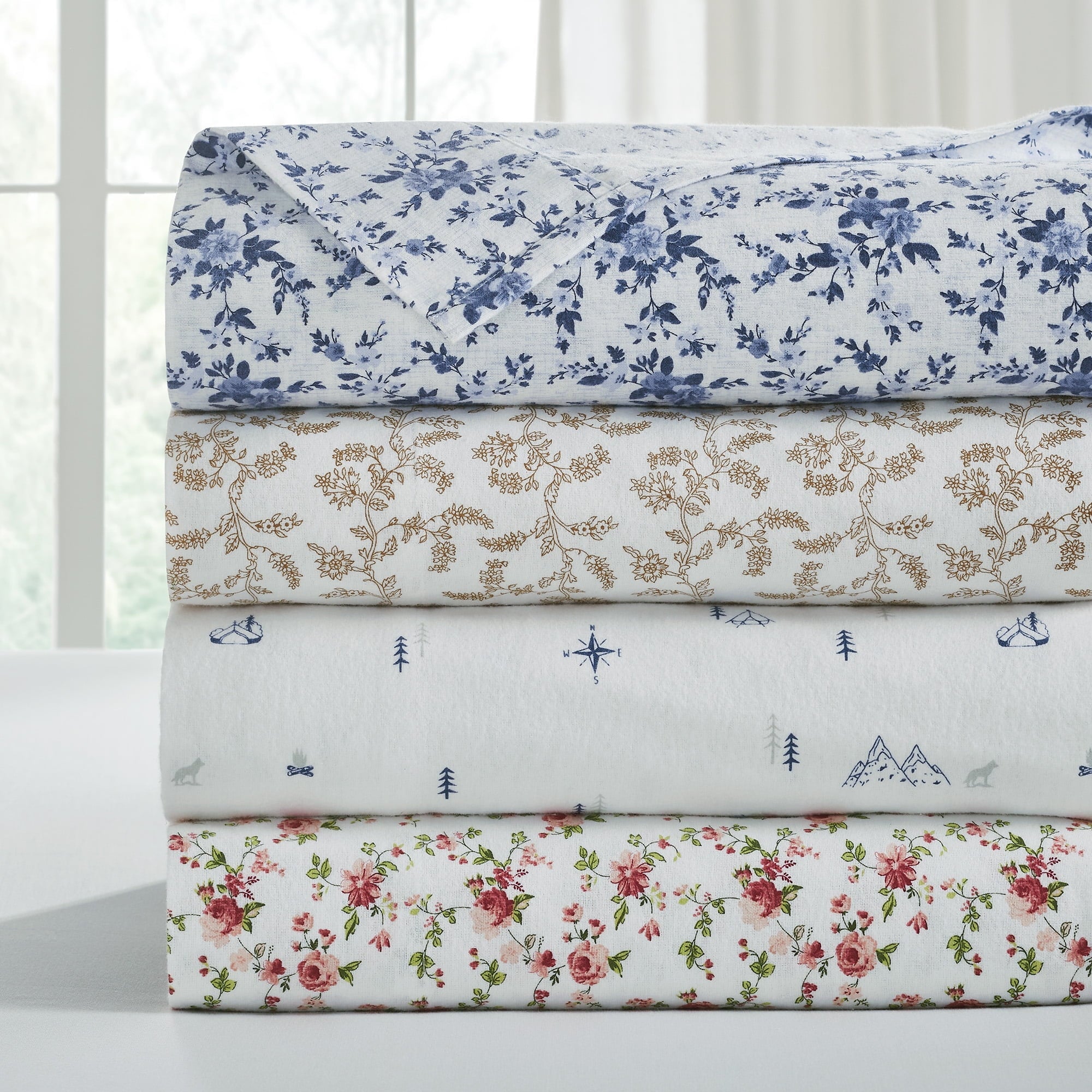 Wrinkle-Resistant 3-Piece Brittany Printed Cotton Flannel Adult Bed Sheet Set, Twin - Premium Ultra-Soft Pillowcase Pair for Sleeping Detail