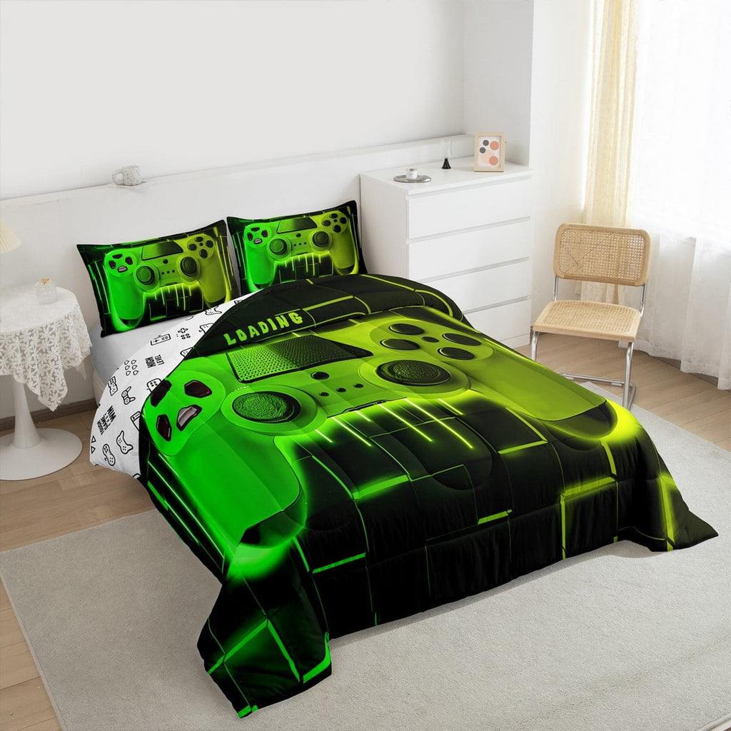Hypoallergenic Cloud Green Yellow Gaming Full Size Comforter Sets - Gamer Comforter Full Size Bedding Set, Neon Lights Abstract Geometry D... - Cloud-Like Soft Lightweight Bed Comforter Detail