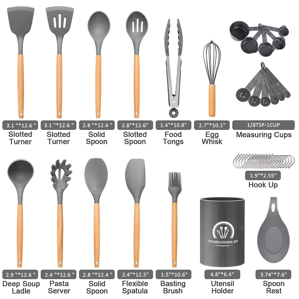 Premium Silicone Silicone Cooking Utensils Set, 446°F Heat Resistant Wooden Handle Cooking Kitchen Utensils Spatula Set with Holder fo... - Ergonomic Kitchen Tongs and Cooking Spoon Utensil Detail