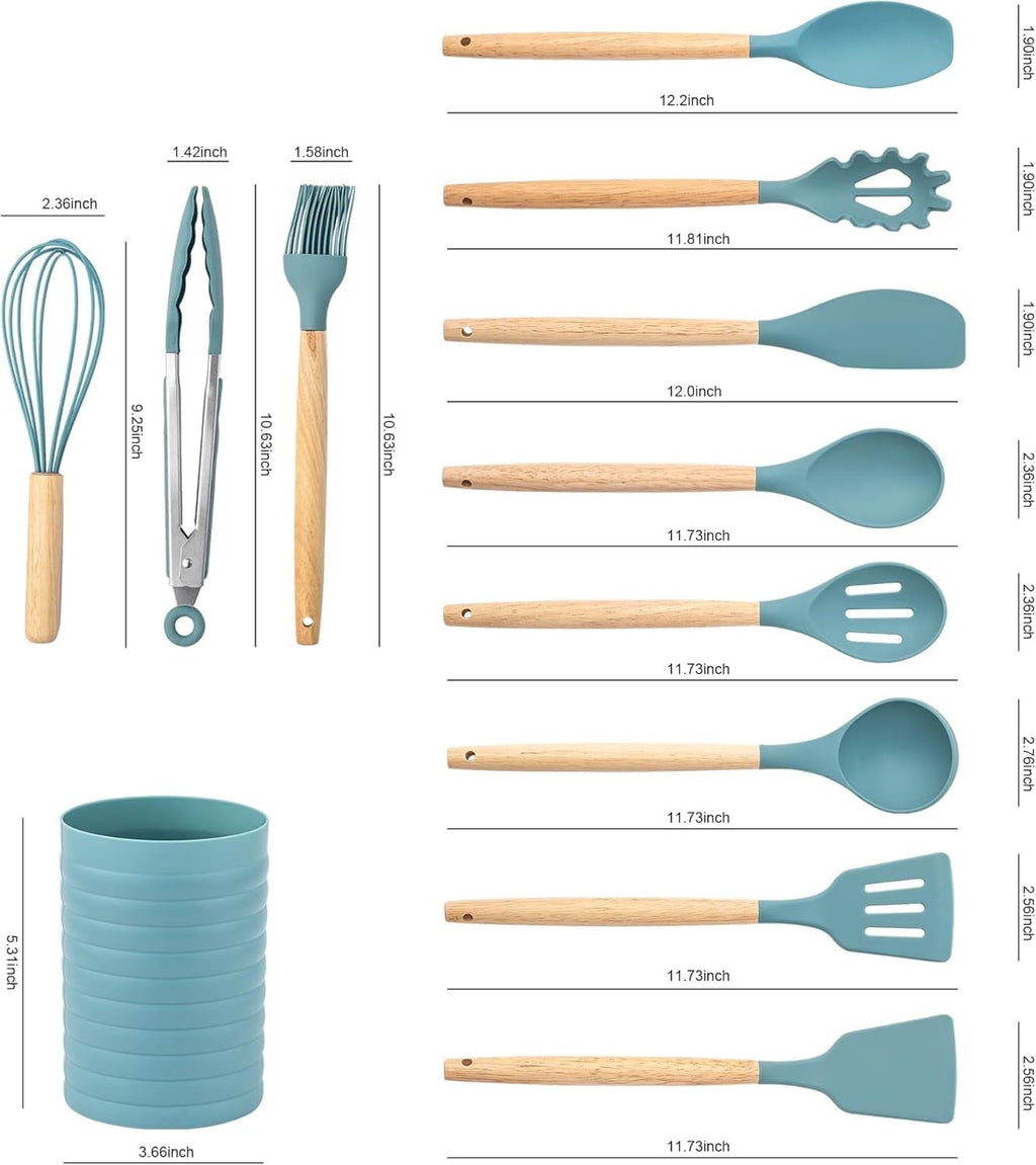 Seamless One-Piece Small Silicone Cooking Utensils with Holder Set (12Pack), Aqua Kitchen Tools with Wooden Handle for Nonstick... - Ergonomic Kitchen Tongs and Cooking Spoon Utensil Detail