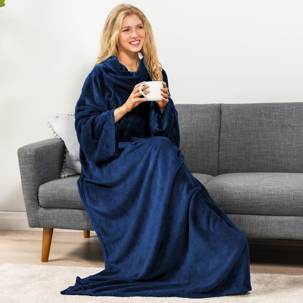 Decorative Knitted Navy Blue Fleece Wearable Blanket with Sleeves for Adults Women Men, Soft Warm Full Body Wrap Throw, Sweatshirt Pocke... - Luxury Knitted Decorative Throw Blanket with Fringes Detail