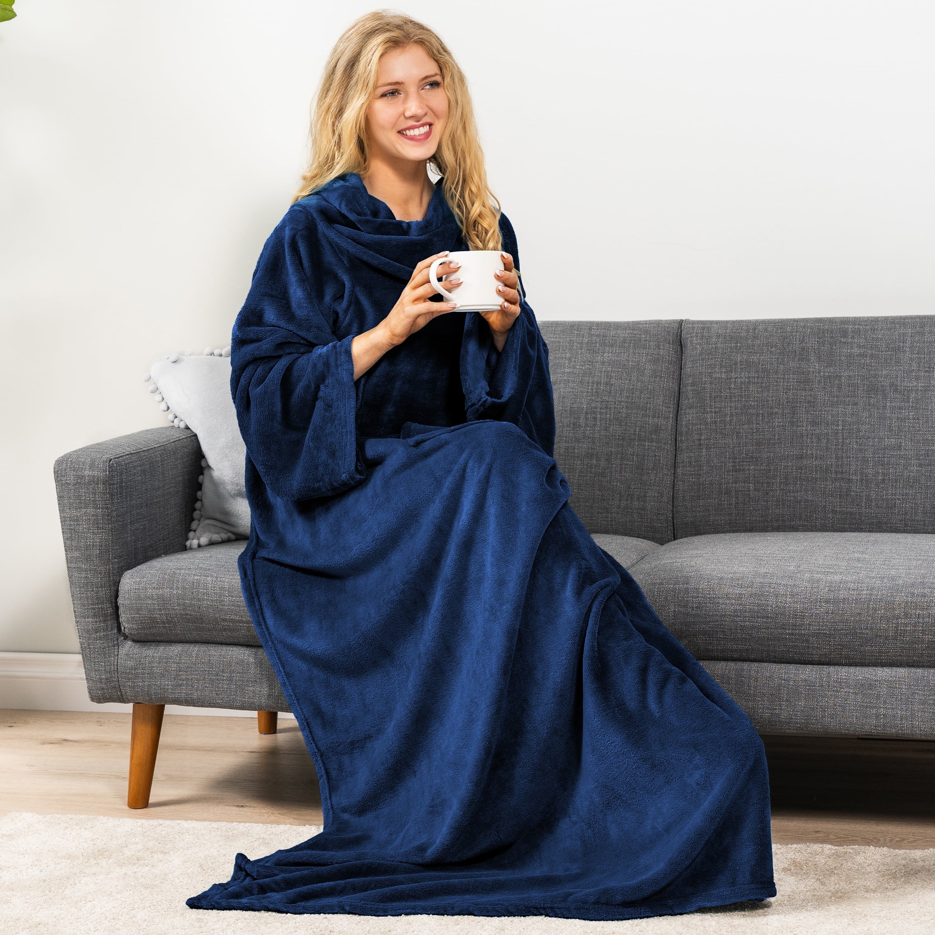 Decorative Knitted Navy Blue Fleece Wearable Blanket with Sleeves for Adults Women Men, Soft Warm Full Body Wrap Throw, Sweatshirt Pocke... - Luxury Knitted Decorative Throw Blanket with Fringes Detail