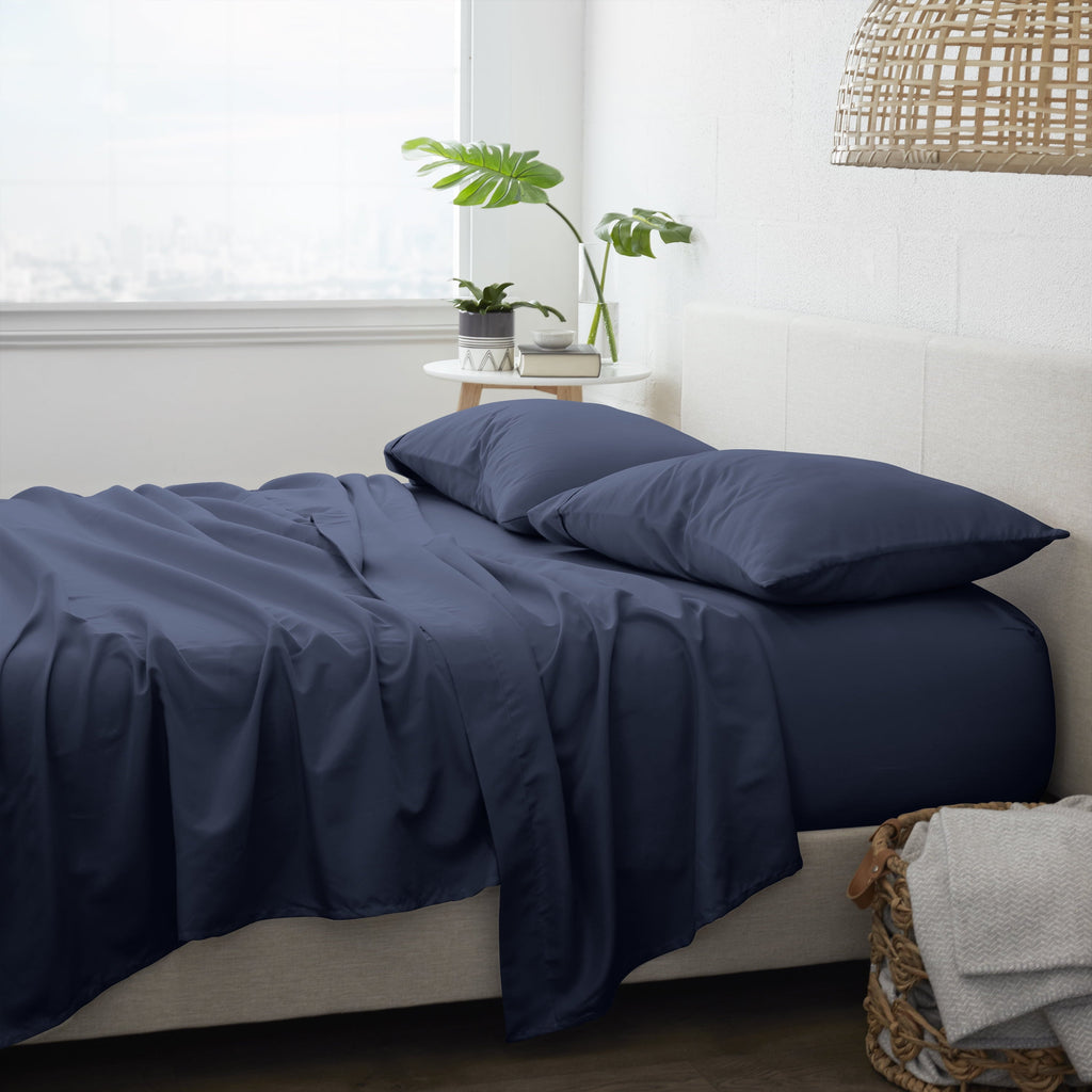 Breathable Luxury 4 Piece Solid Microfiber Bed Sheet Set, Navy, Queen - Breathable Egyptian Cotton Flat & Fitted Sheets Detail