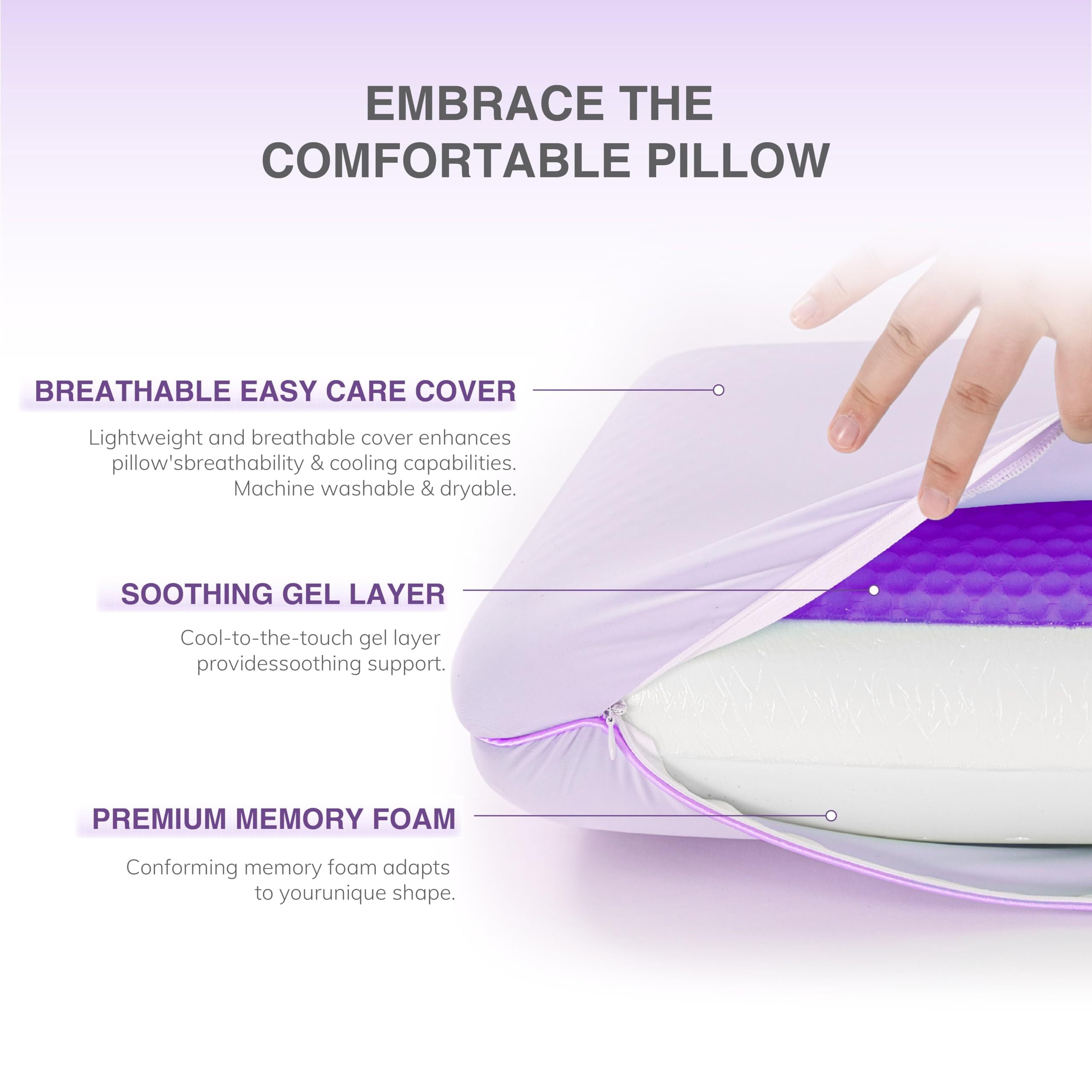 Hotel Collection Memory Foam Pillow, Cooling Gel Bed Pillow, Queen, Purple - Hotel Quality Plush Sleeping Pillows Detail