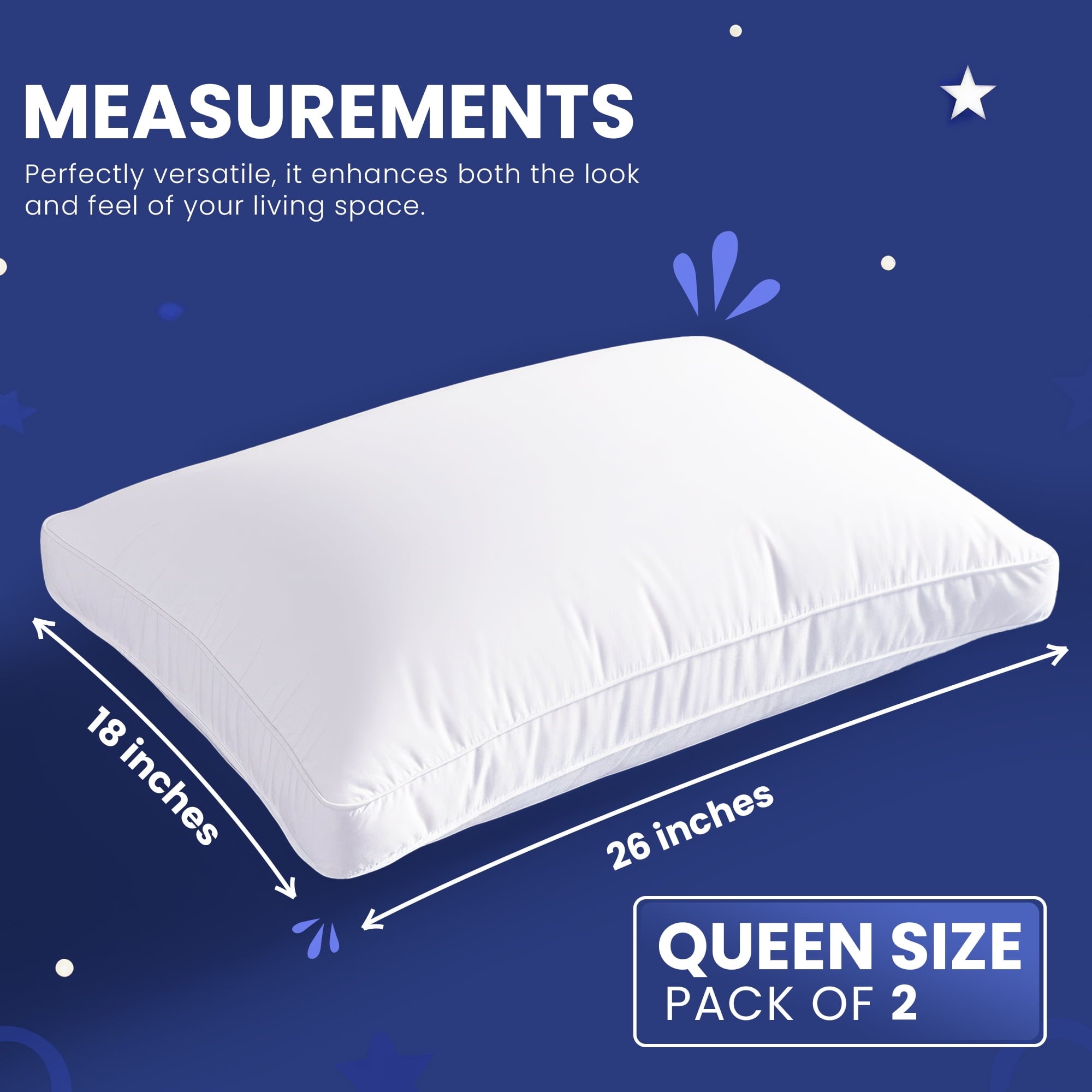 Ergonomic Memory Foam Queen Bed Pillow, 26"L x 18" W, Set of 2, Soft and High-Quality, Gusseted Pillow for All Sleep Positions (White) - Ergonomic Memory Foam Pillow for Neck Pain Support Detail