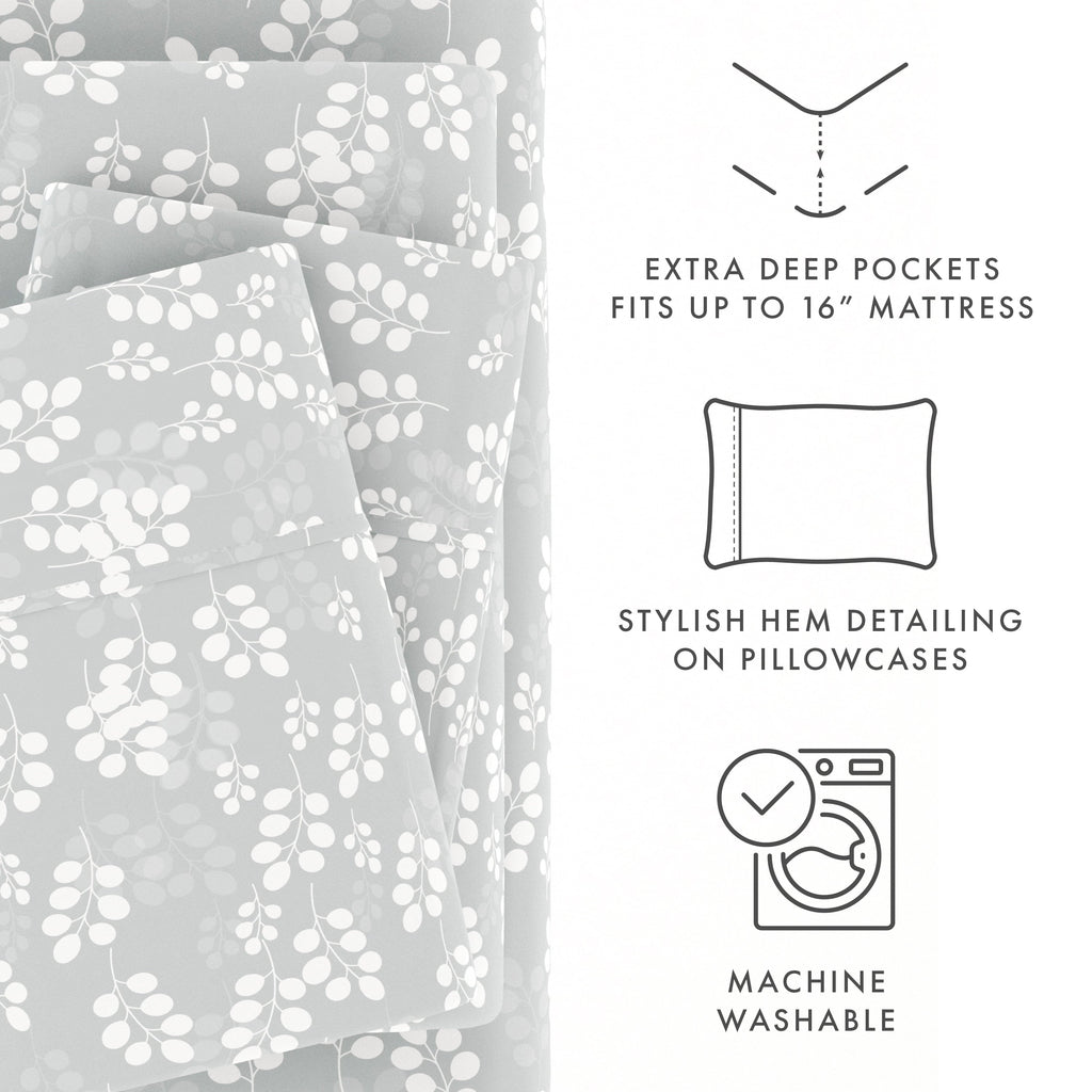 Wrinkle-Resistant 4 Piece Pattern Microfiber Bed Sheets Set, Gray Wheat, Full - Breathable Egyptian Cotton Flat & Fitted Sheets Detail