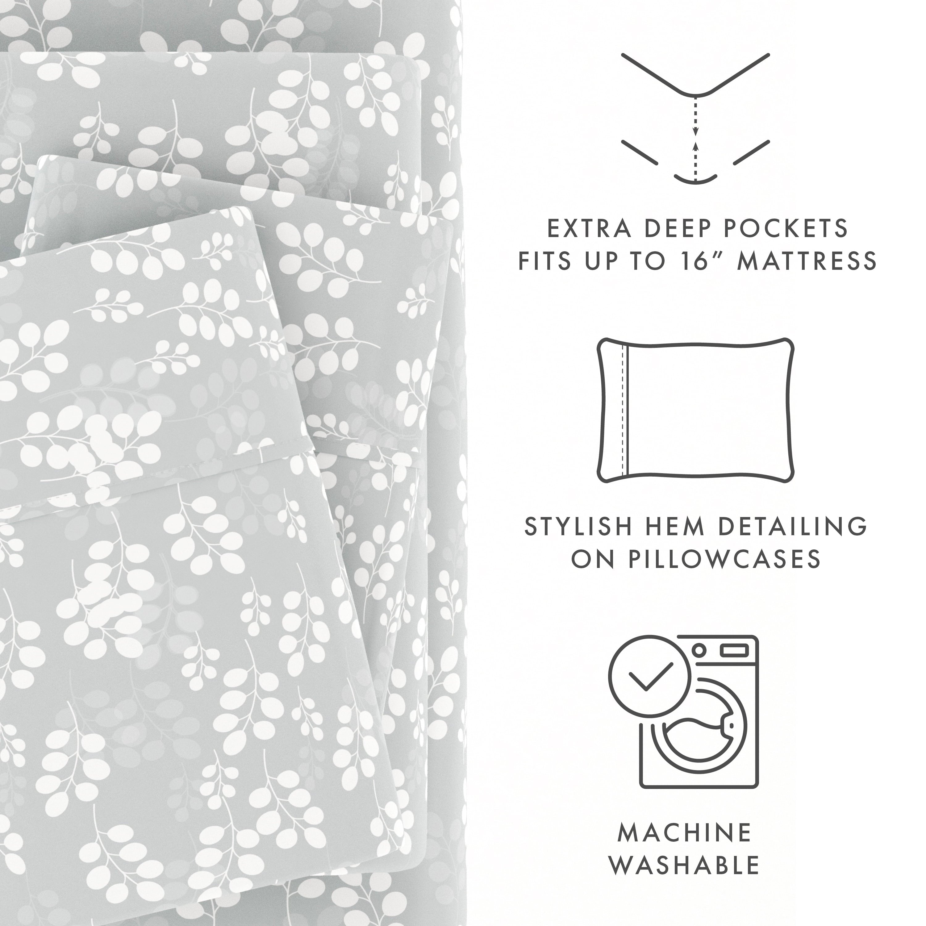 Wrinkle-Resistant 4 Piece Pattern Microfiber Bed Sheets Set, Gray Wheat, Full - Breathable Egyptian Cotton Flat & Fitted Sheets Detail