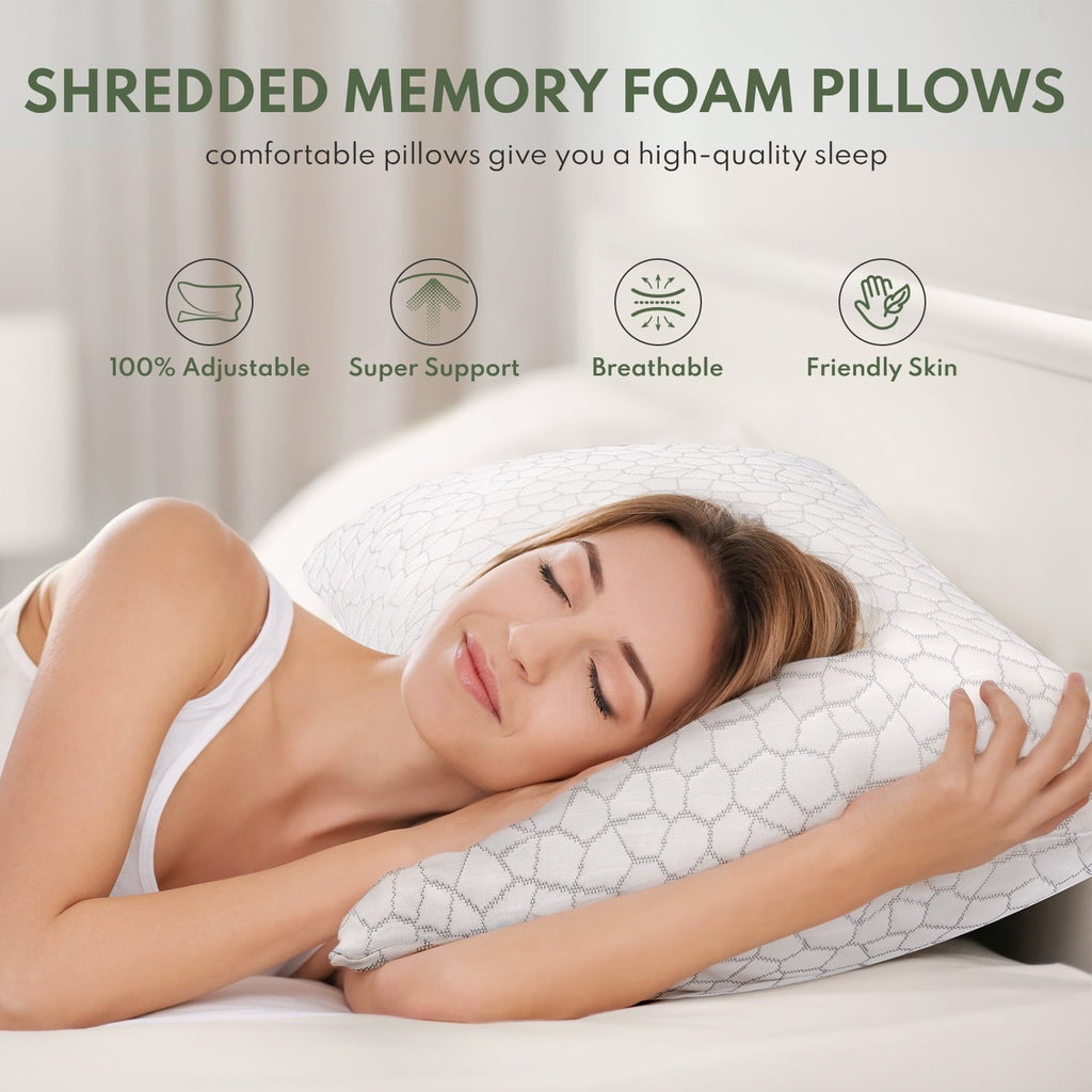 Decorative Plump Cooling Memory Foam Queen Pillows for bed 2 Pack,Adjustable Support & Heat Dissipation Tech for Side,Back,Stomach & H... - Hotel Quality Plush Sleeping Pillows Detail