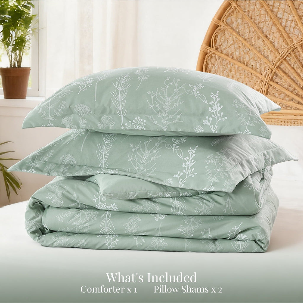 Heavyweight Warmth 3 Pieces Sage Green Floral Comforter Sets, 1 Botanical Flowers Reversible Comforter and 2 Pillow Shams, Queen Size Be... - Luxurious Quilted Duvet Cover Set Detail