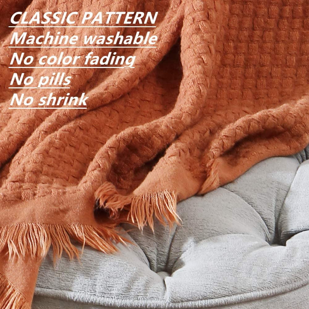 Reversible Sherpa Farmhouse Rust Knit Throw Blanket for Couch Sofa Chair Bed Home Decoration, Soft Warm Cozy Light Weight for Spring Su... - Luxury Knitted Decorative Throw Blanket with Fringes Detail