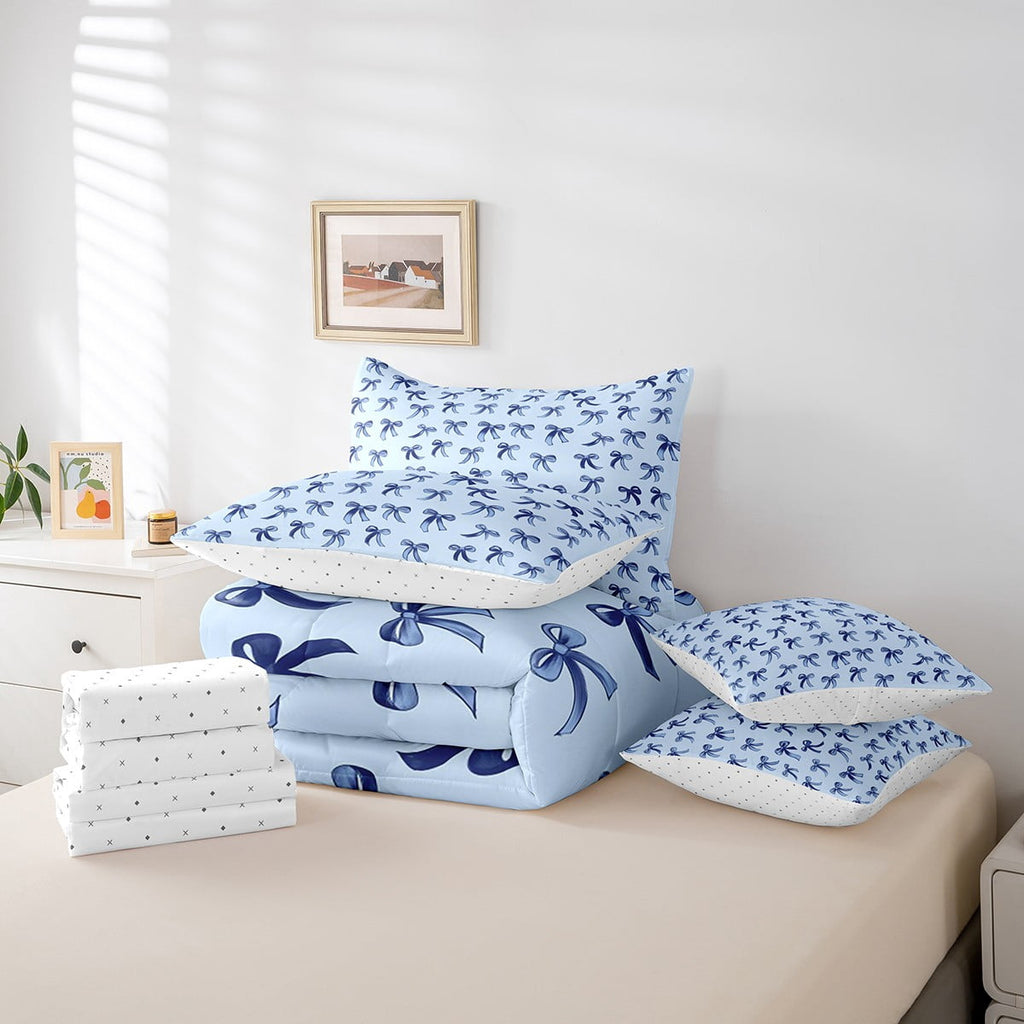 Luxurious Quilted Cute Bowknot Twin Bedding Sets 7-Piece,Girls Ribbon Bow Bedding Comforter Set,Dreamy Blue Sheet Sets For Girls,Super ... - Cloud-Like Soft Lightweight Bed Comforter Detail
