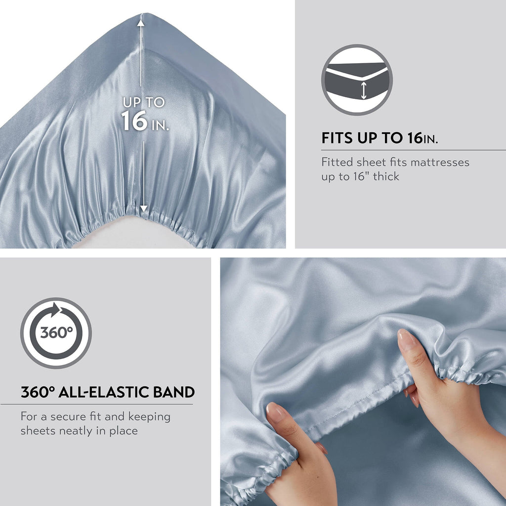 Wrinkle-Resistant Satin Sheet Set, Twin Bed Sheets with Pillowcases, 4-Piece Luxury Silky Sheet Set, Blue, Gifts for Women - Luxury Bed Sheet Set with Deep Pockets Detail