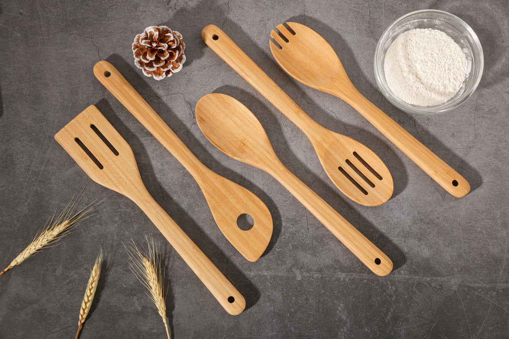 Seamless One-Piece 5pk Bamboo Spoons for Cooking, Kitchen Essential Tools Set - Durable Turner & Ladle Utensil Set for Home Chefs Detail