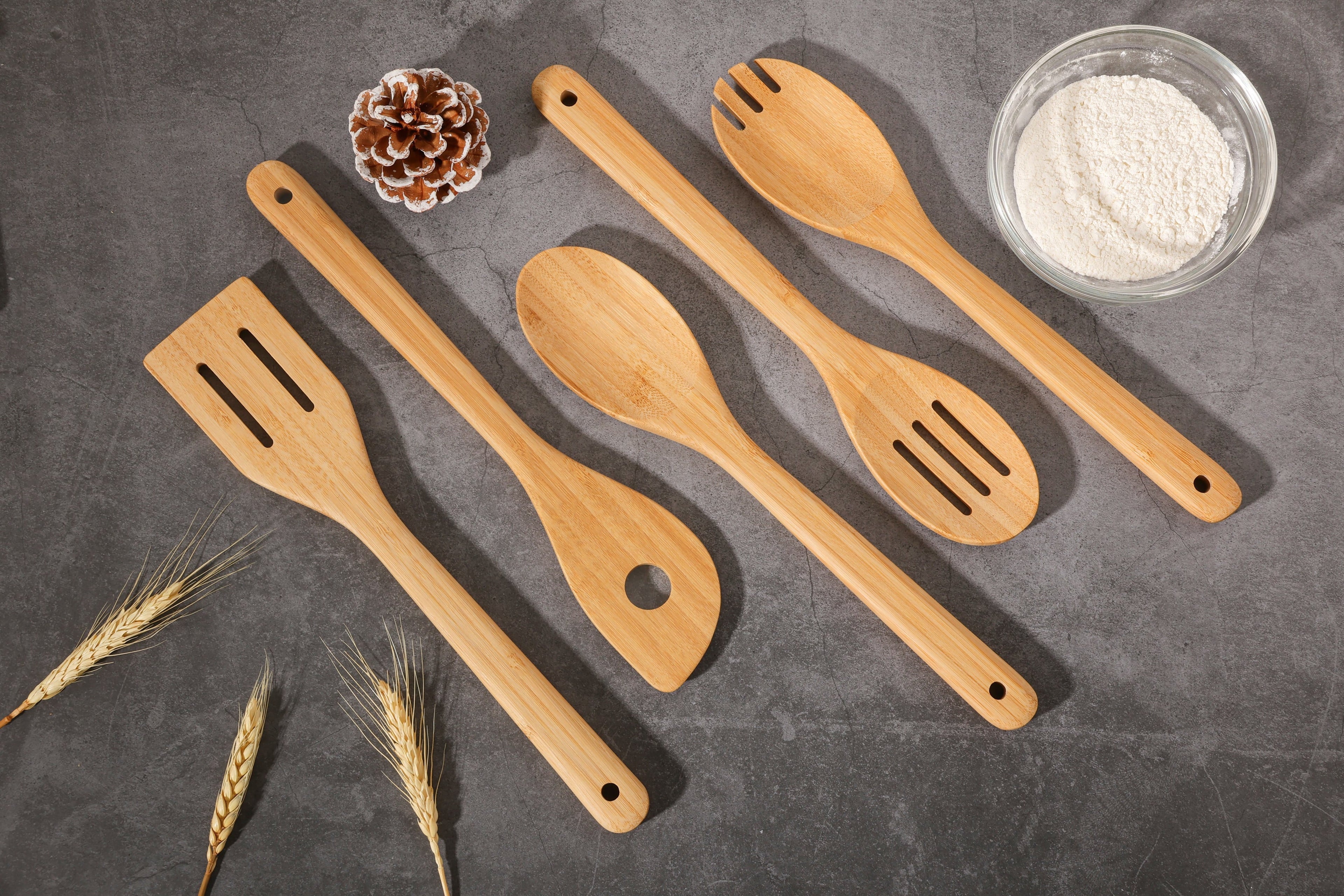 Heavy Duty 5pk Bamboo Spoons for Cooking, Kitchen Essential Tools Set - High-Precision Culinary Tool for Baking & Cooking Detail