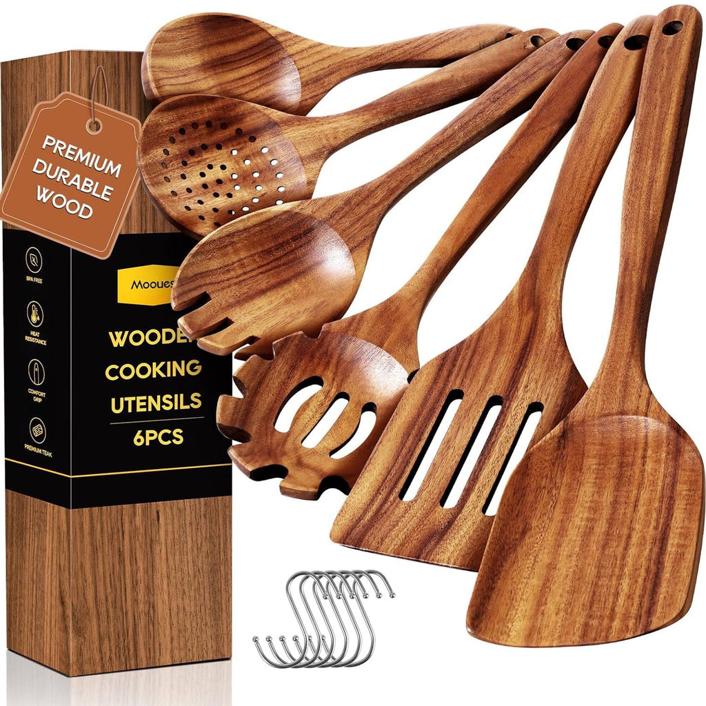 Premium Silicone 6-Piece Natural Teak Wooden Spoons for Cooking With 10 Hooks，Handcrafted Kitchen Utensils Set ，Ideal Gift Set - Premium Stainless Steel Cooking Utensil for Non-Stick Pots - Default Title