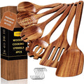 Premium Silicone 6-Piece Natural Teak Wooden Spoons for Cooking With 10 Hooks，Handcrafted Kitchen Utensils Set ，Ideal Gift Set - Premium Stainless Steel Cooking Utensil for Non-Stick Pots - Default Title