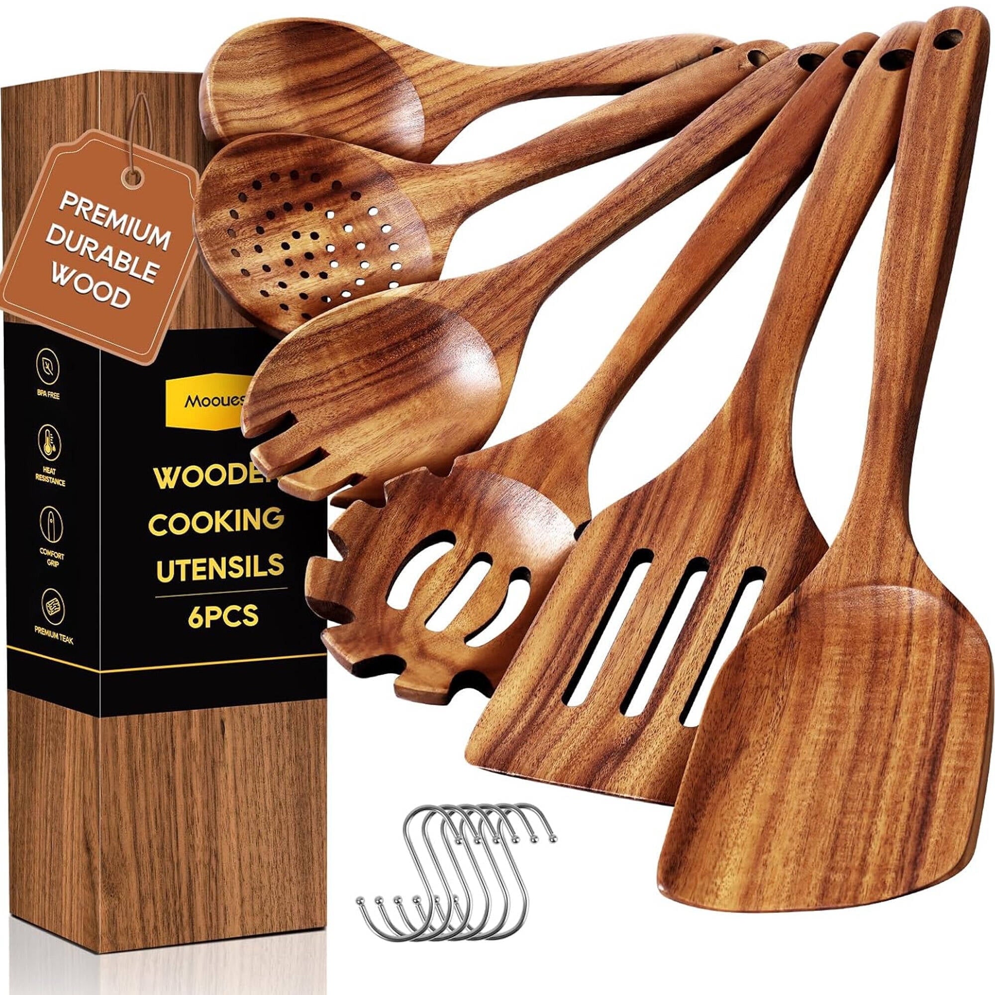 Premium Silicone 6-Piece Natural Teak Wooden Spoons for Cooking With 10 Hooks，Handcrafted Kitchen Utensils Set ，Ideal Gift Set - Premium Stainless Steel Cooking Utensil for Non-Stick Pots - Default Title