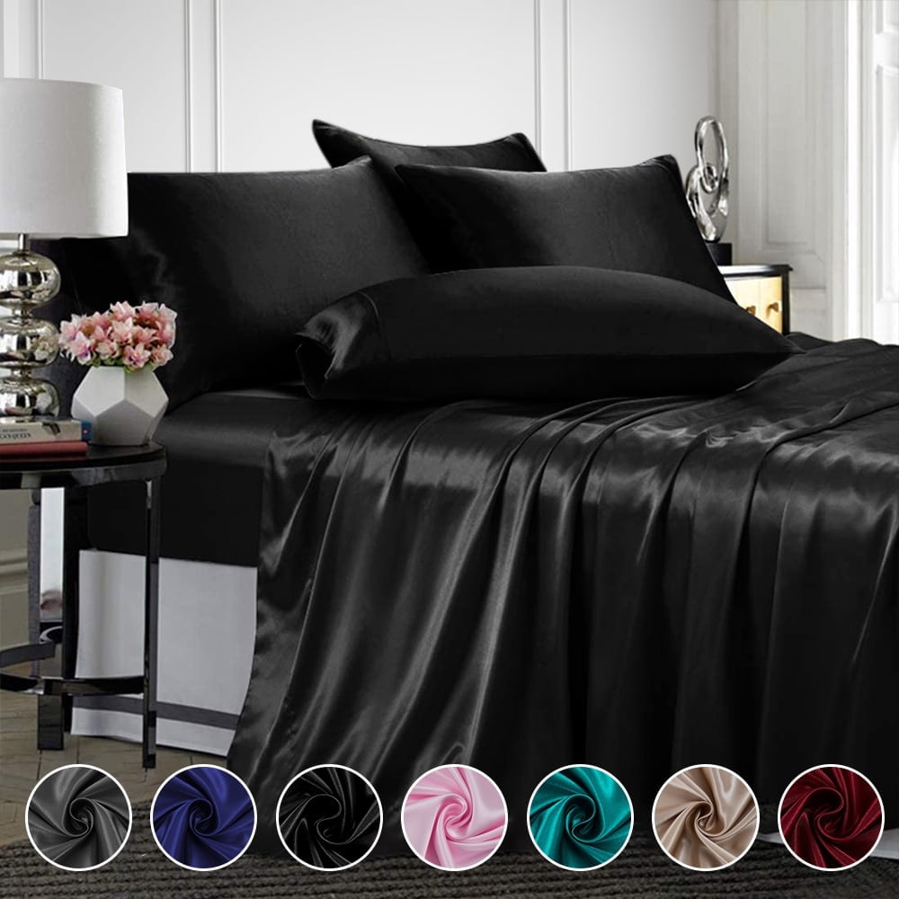 Cooling Sateen Twin Silk Gray Bed Sheet Set Deep Pocket Bed Flat Fitted Sheet, 3-Pieces - Luxury Bed Sheet Set with Deep Pockets - Default Title