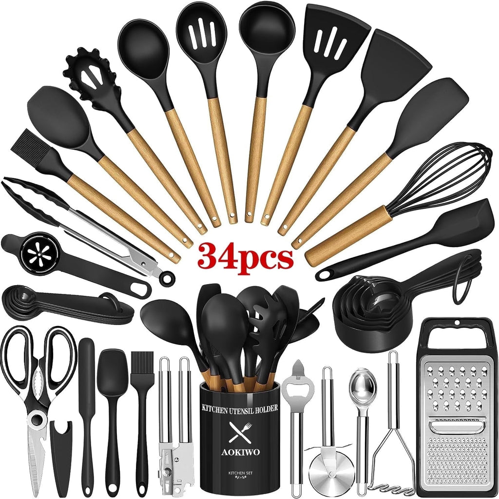 High-Precision Kitchen Utensil Set, 34Pieces Silicone Cooking Utensil Set with Wooden Handle, Heat Resistant Spatula Set Gadg... - Heavy Duty Stainless Steel Kitchen Shears - Default Title