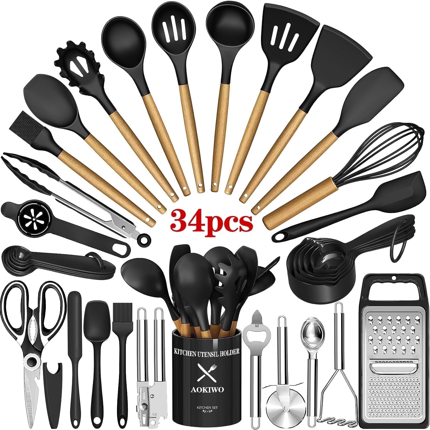 Seamless One-Piece Kitchen Utensil Set, 34Pieces Silicone Cooking Utensil Set with Wooden Handle, Heat Resistant Spatula Set Gadg... - Durable Turner & Ladle Utensil Set for Home Chefs - Default Title
