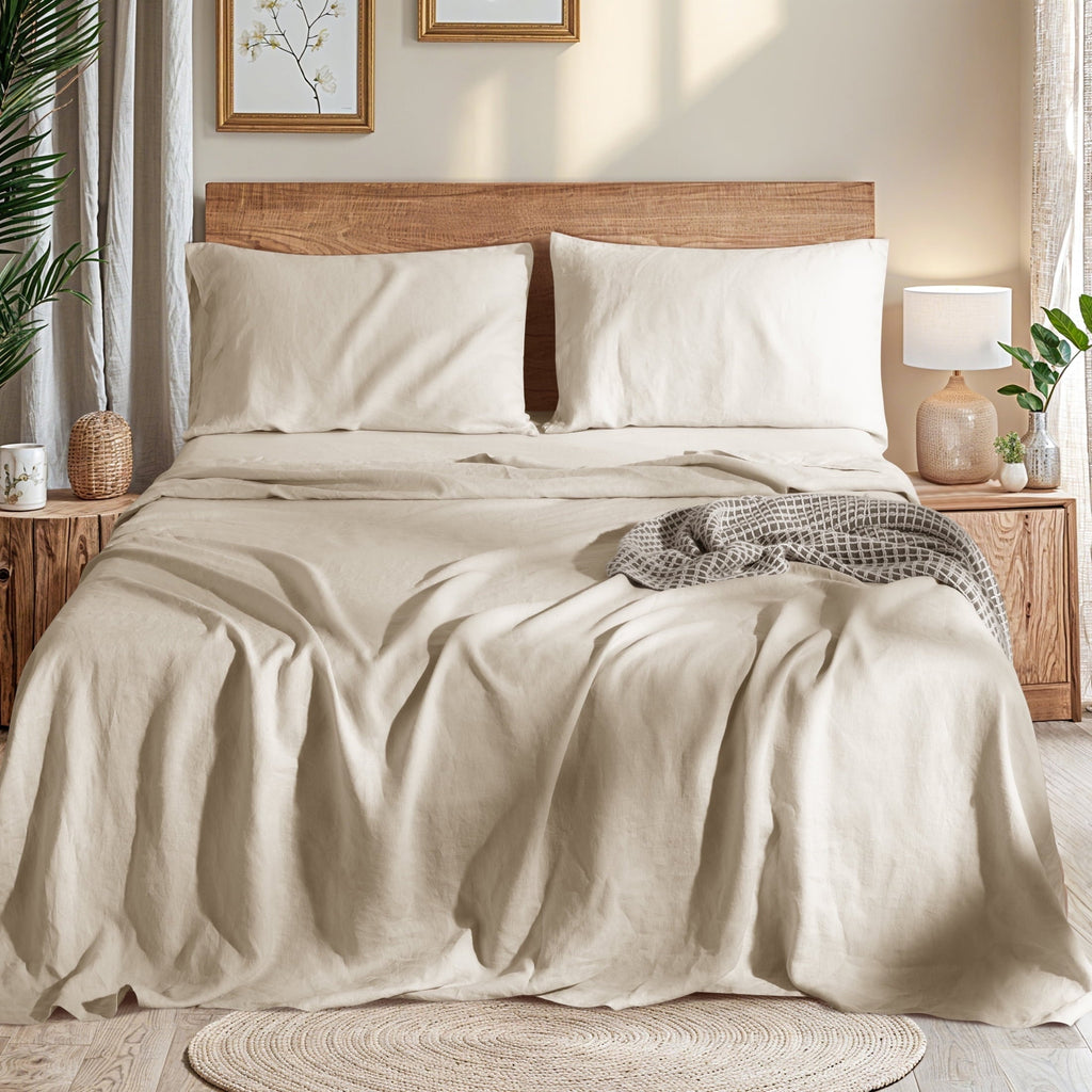 Breathable Luxury Natural Linen Cotton Bed Sheets Set, Deep Pocket - Breathable - Durable - 4 Pieces (Linen, Queen) - Breathable Egyptian Cotton Flat & Fitted Sheets - Default Title