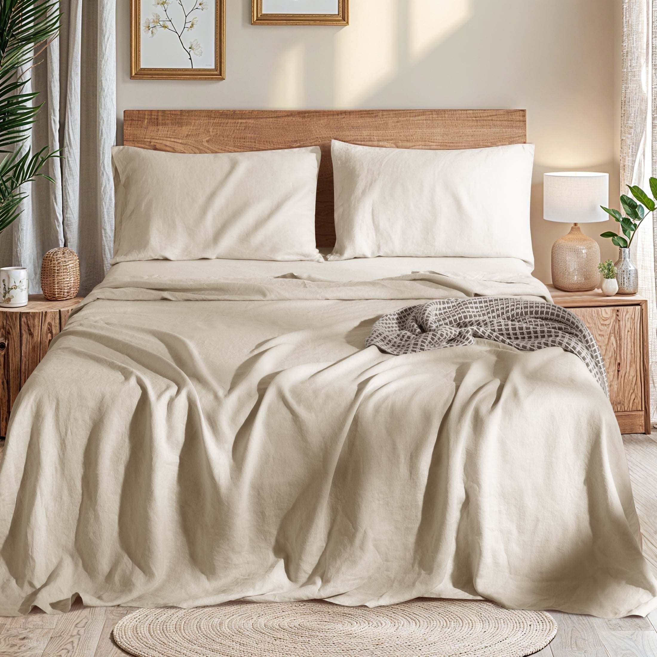 Breathable Luxury Natural Linen Cotton Bed Sheets Set, Deep Pocket - Breathable - Durable - 4 Pieces (Linen, Queen) - Breathable Egyptian Cotton Flat & Fitted Sheets - Default Title