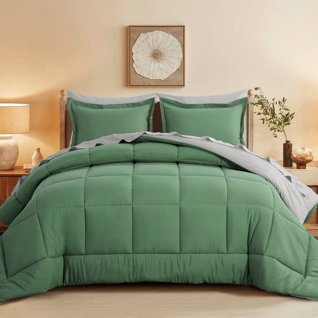 Fluffy Down Alternative Grass Green/Grey Queen Size Comforter Set,3-Pieces Reversible Comforter Set Soft and Lightweight,All Season Down Alte... - Hypoallergenic Ultra-Fluffy Quilt for Winter - Default Title